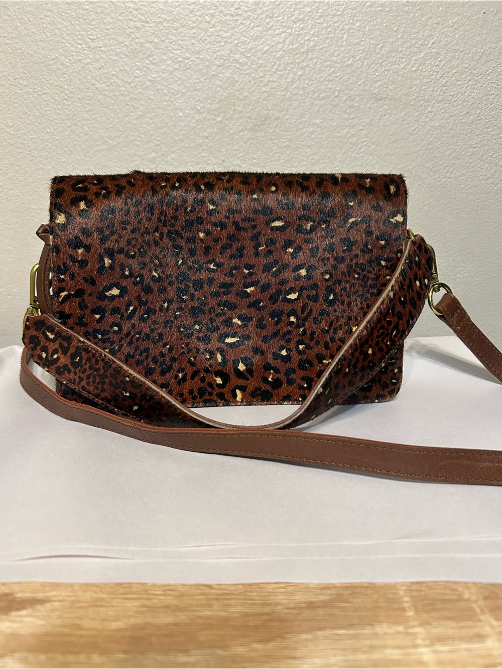Madewell Leopard Calf Hair Leather Crossbody Bag Brown Animal Print 9.5”